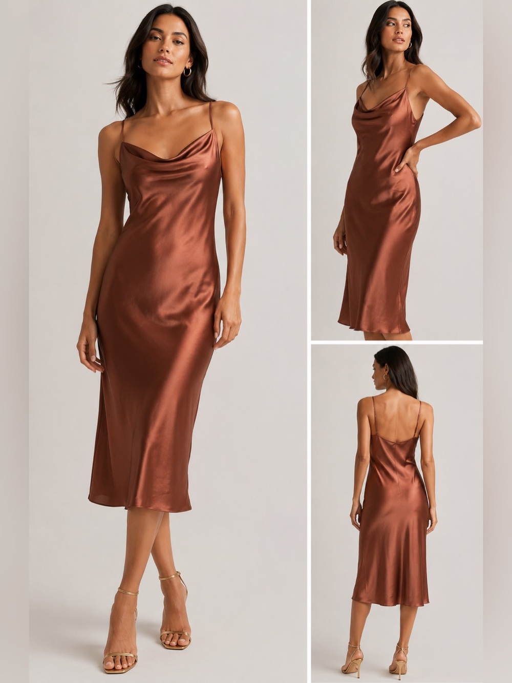 Express Copper Satin Cowl Neck High-Low Slip Dress